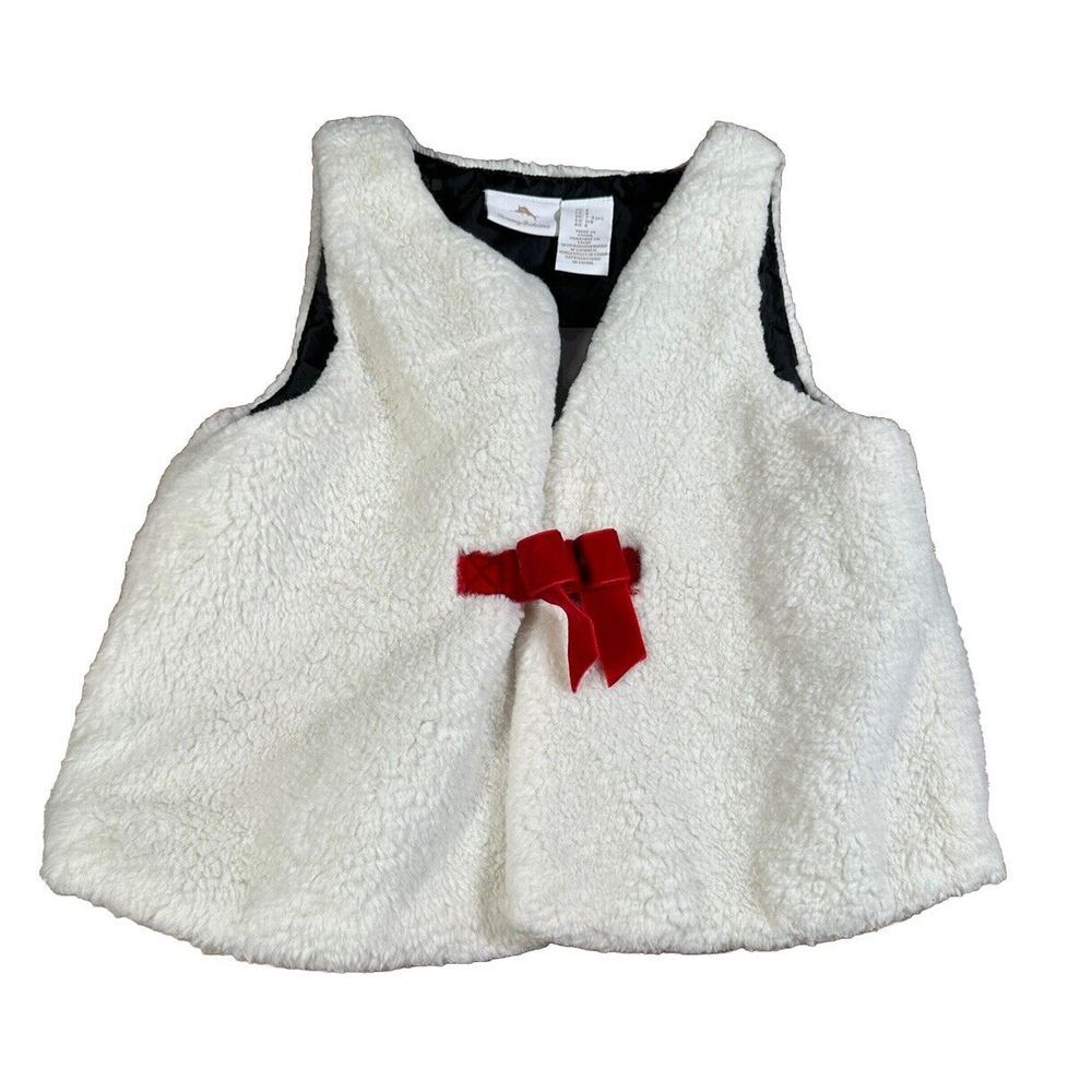 Tommy Bahama Girls White‎ Faux Fur Vest Red Bow Size 8 Perfect For Holidays